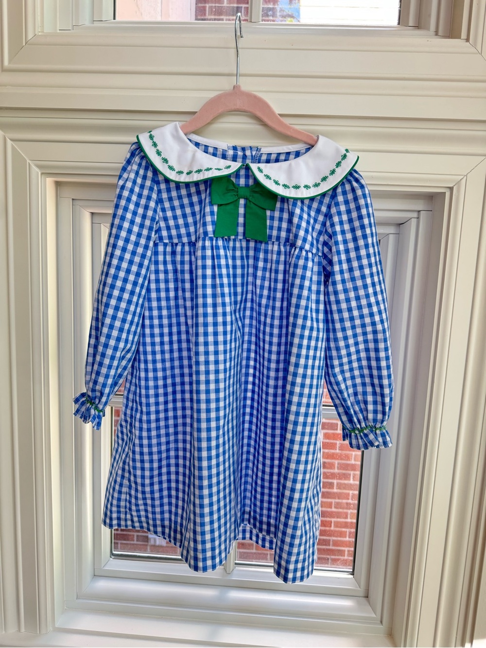 Children's Blue Gingham with White Collar and Green Bow